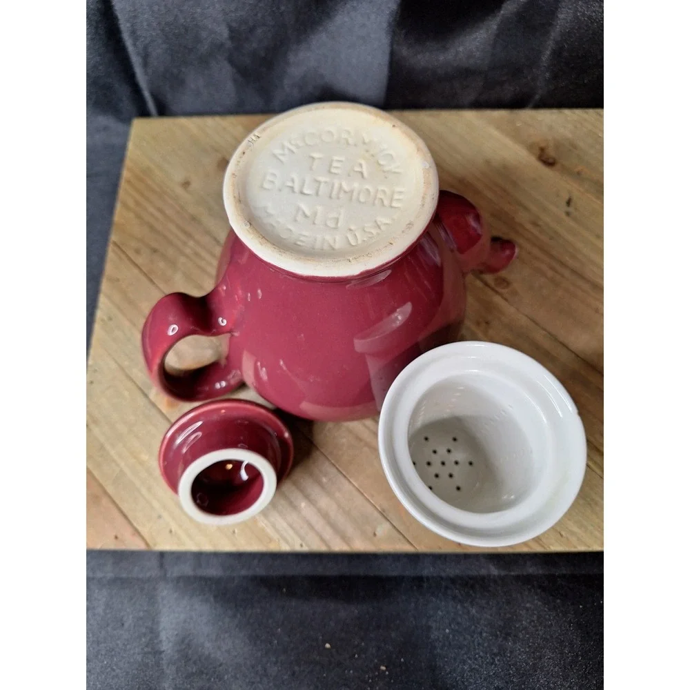 Vintage 1930s McCormick Tea Baltimore Md Ceramic Teapot with Infuser Burgundy